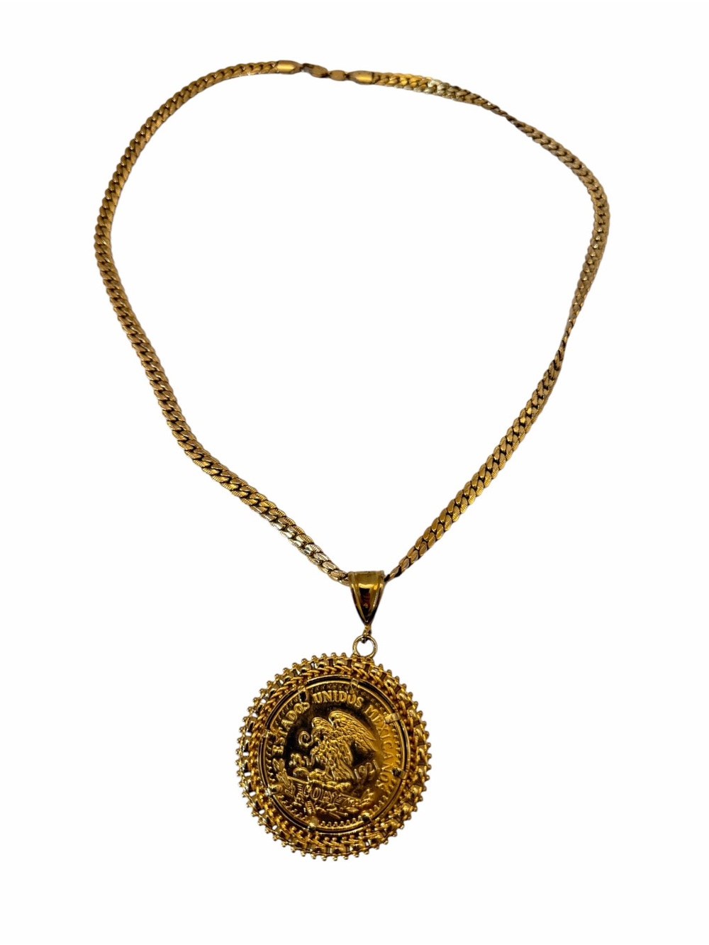 Gold Tone 18KGP Mexican Coin Pendant Necklace Aztec Calendar Round Medallion